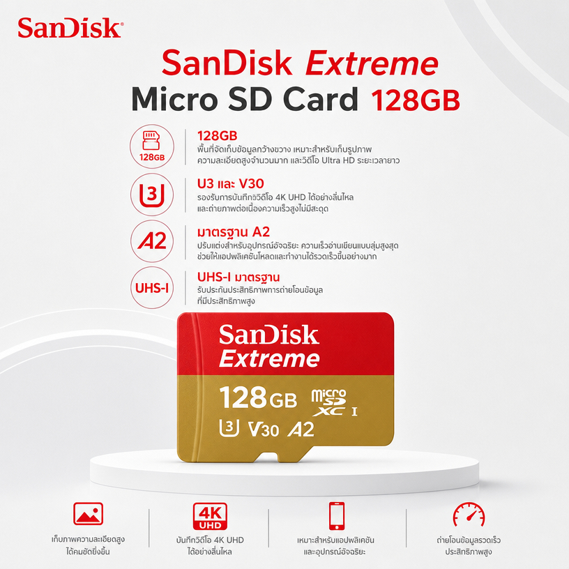 SanDisk Extreme 128GB Micro SD A2 U3 V30 บันทึกวีดีโอคุณภาพ 4K สำหรับโดรน กล้องแอคชั่น มือถือ
