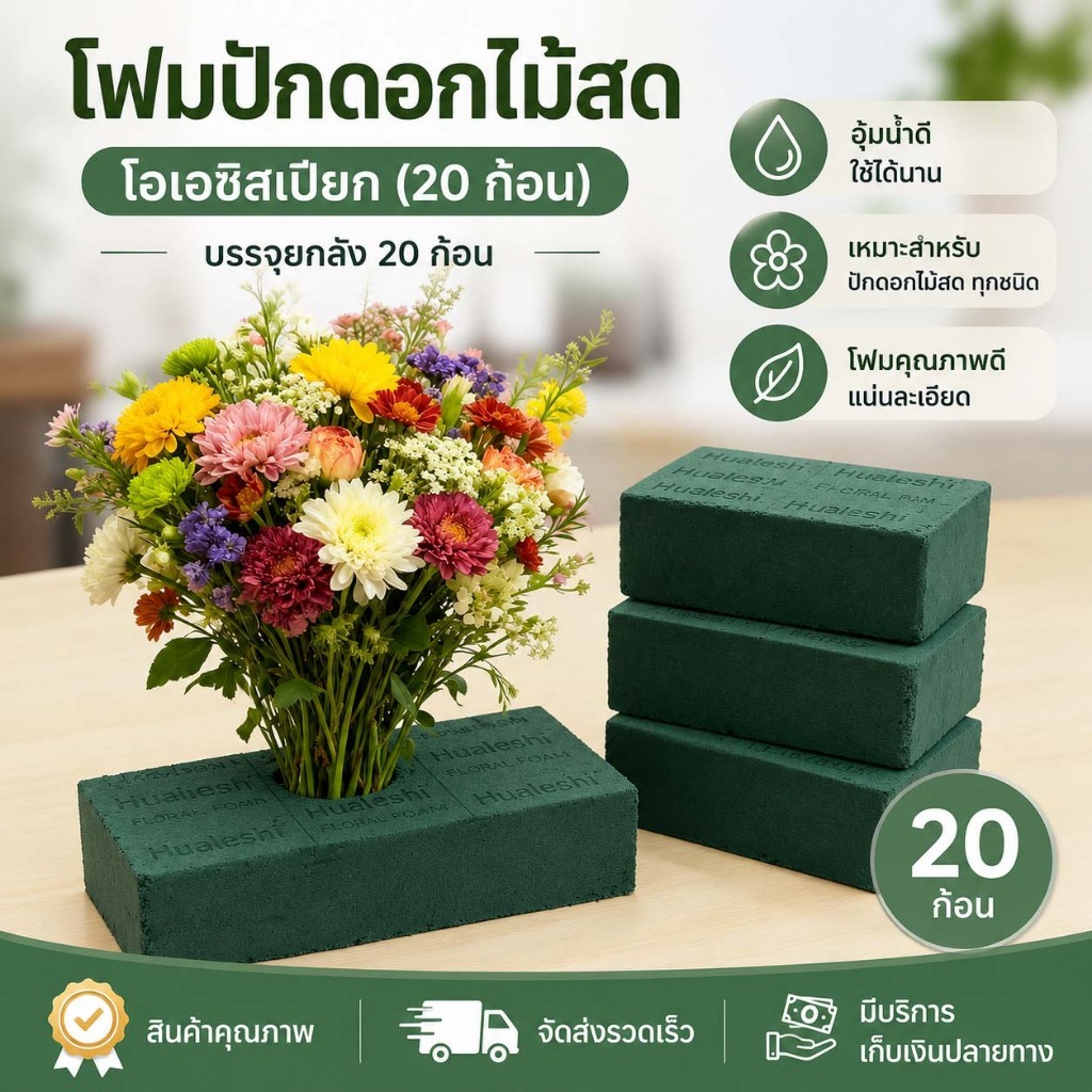 โอเอซิสเปียก (20 ก้อน) โฟมปักดอกไม้สด Green leaf floral foam สำหรับจัดดอกไม้ จัดงานพิธีต่างๆ อุ้มน้ำดี