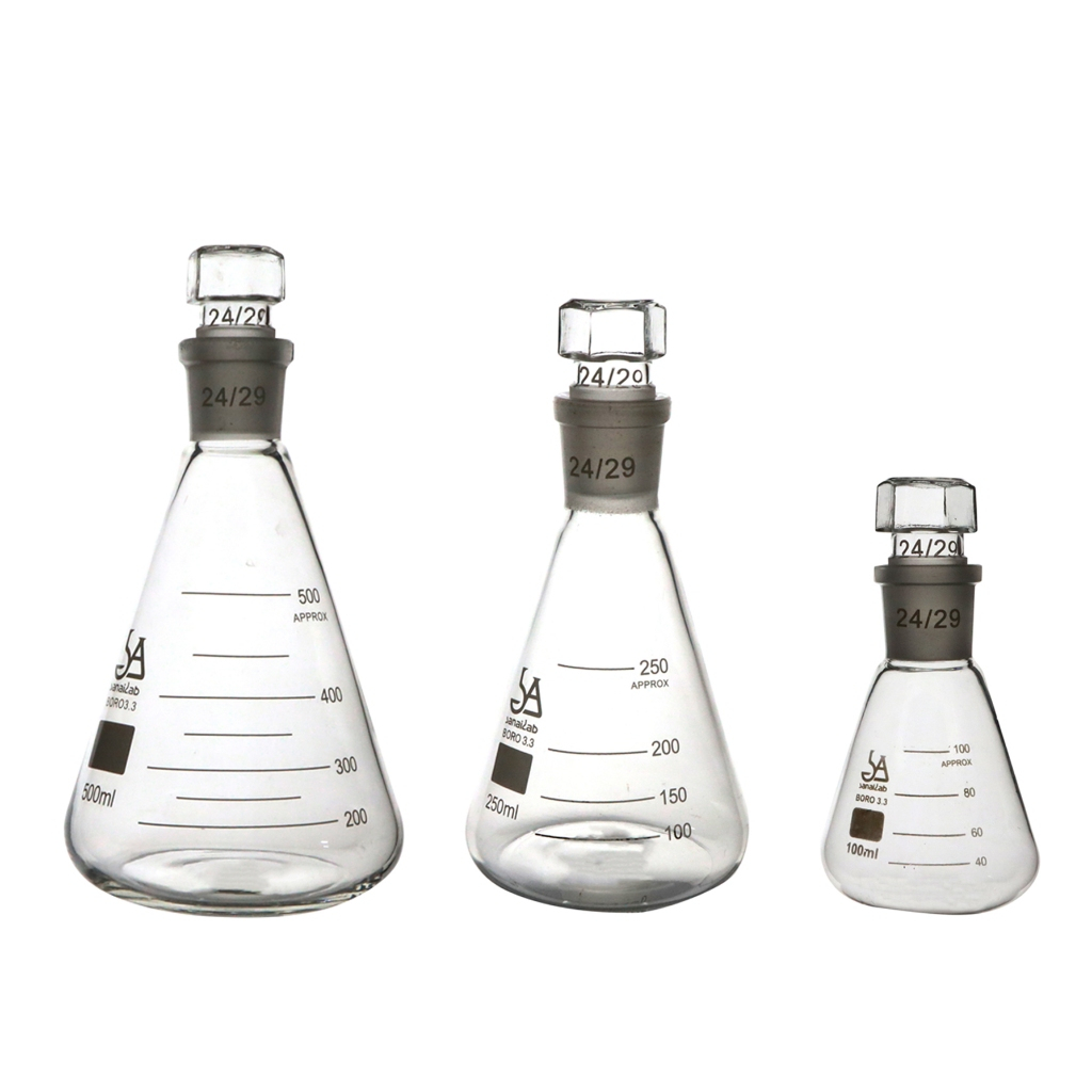 ขวดรูปชมพู่แบบปากแคบ มีจุกปิดแก้ว (Erlenmeyer (Conical) Flask Narrow Neck- Glass with Glass Stopper)