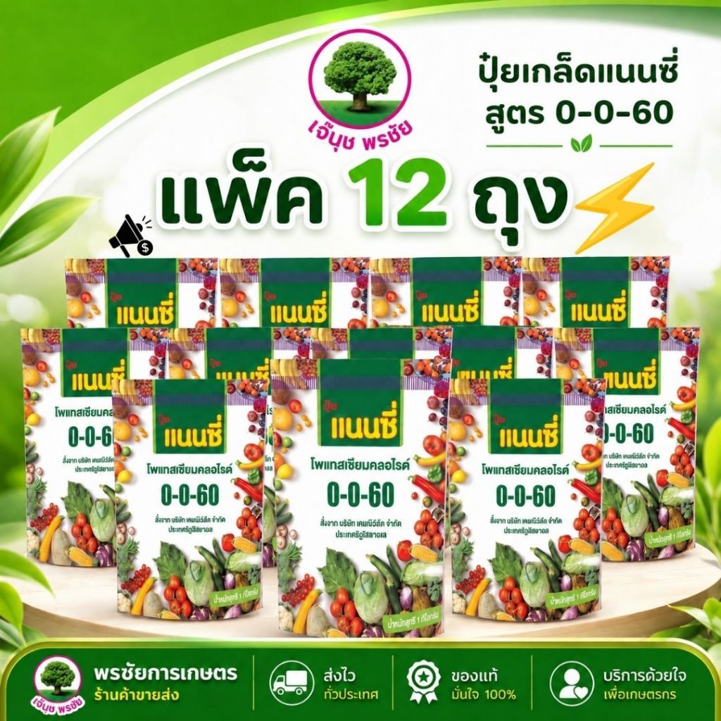 ปุ๋ยเกล็ด แนนซี่ สูตร 0-0-60 (แพ็ค 12 ถุง)⚡สร้างเนื้อ เร่งหวาน น้ำหนักดี ขนาด 1 กิโลกรัม