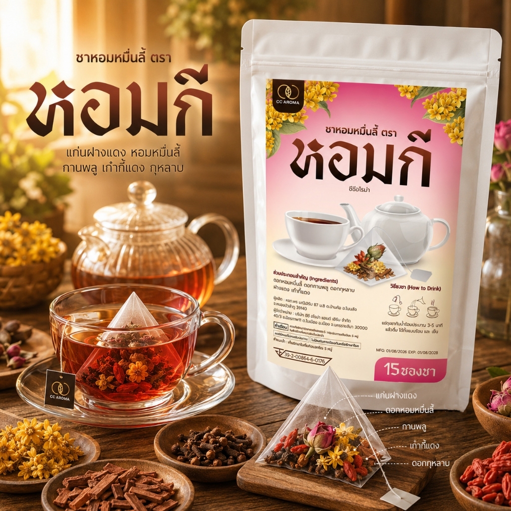 ชาหอมกี ชุดสตรี 4 ชนิด หอมหมื่นลี้ กานพลู ฝางแดง เก๋ากี้ (ชาหอมหมื่นลี้ ตรา หอมกี ซีซีอโรม่า)