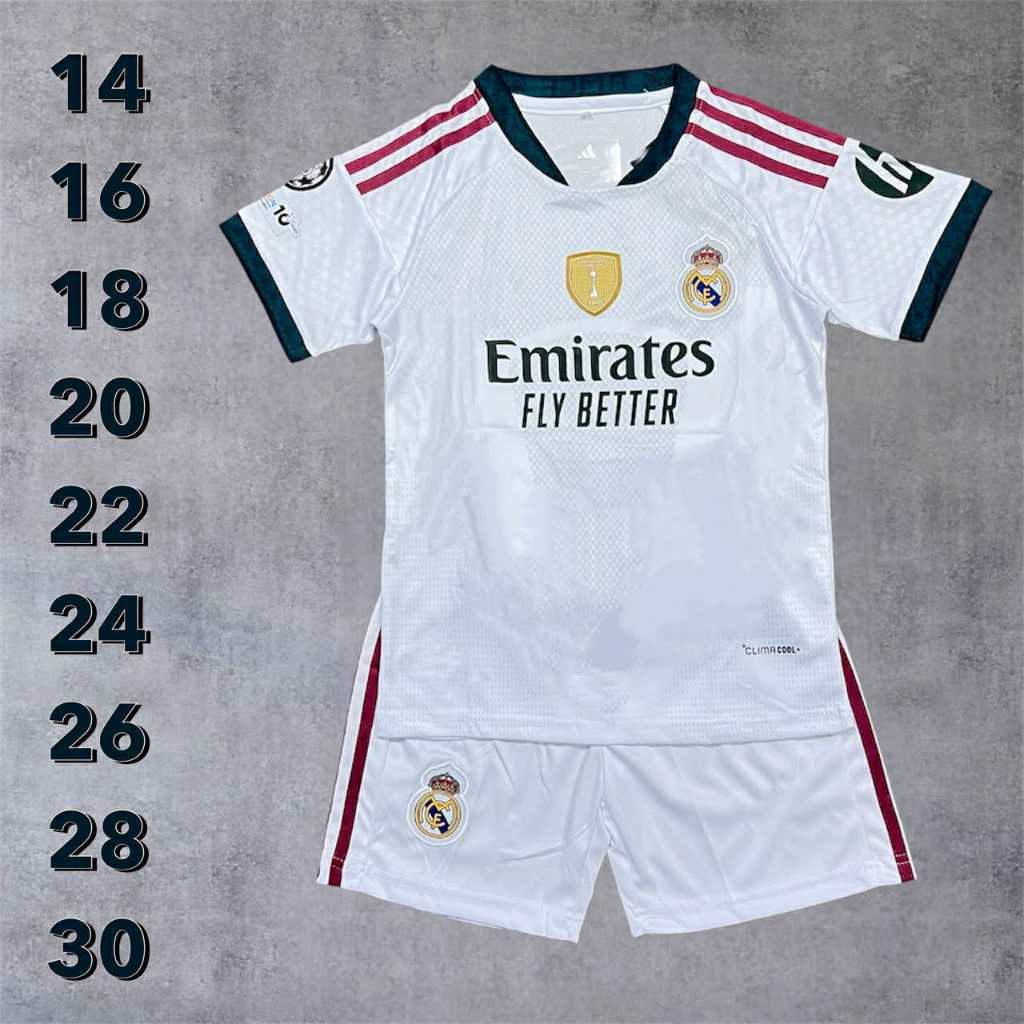 เสื้อบอลเด็กรุ่นใหม่ล่าสุดปี 2026 2027 (เสื้อพร้อม+กางเกง)รุ่น FULL option ติดอาร์มครบเนื้อผ้านุ่มนิ่มใส่สบาย