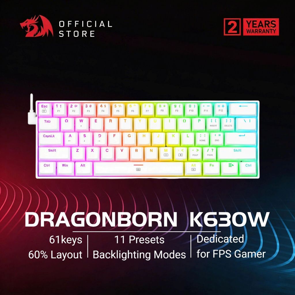 Redragon K630W คีย์บอร์ดเกมมิ่งแบบมีสาย 61 ปุ่ม คีย์แคปภาษาไทย ขนาด 60% คีย์บอร์ดแมคคานิคอลขนาดกะทัด