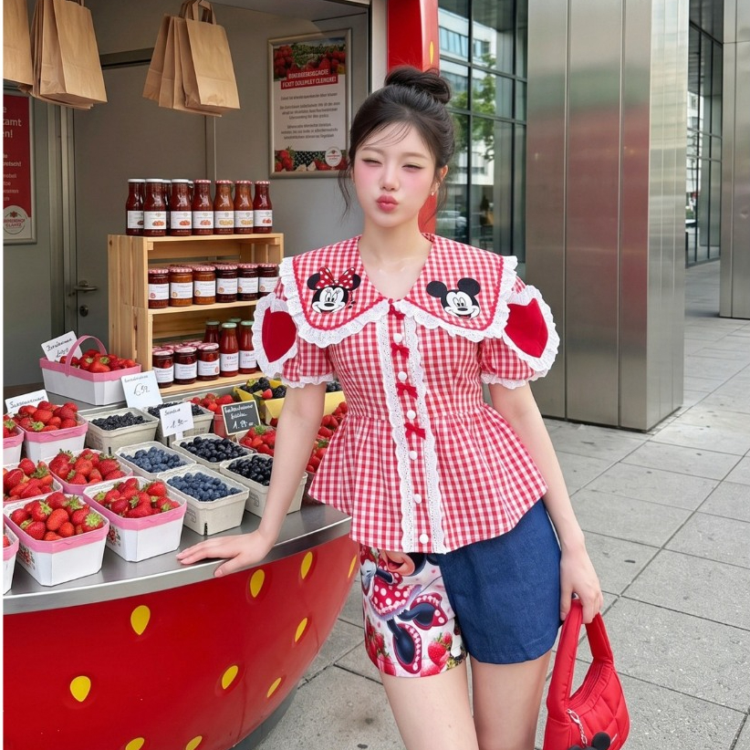 (มีถึง3XL) Maria Diamond สีแดง Frappe Scot Set เซ็ต 2 ชิ้น เสื้อสก็อตแดง ซิปหลัง ปกใหญ่ แขนหัวใจ + กางเกงขาสั้นมีกระเป๋า