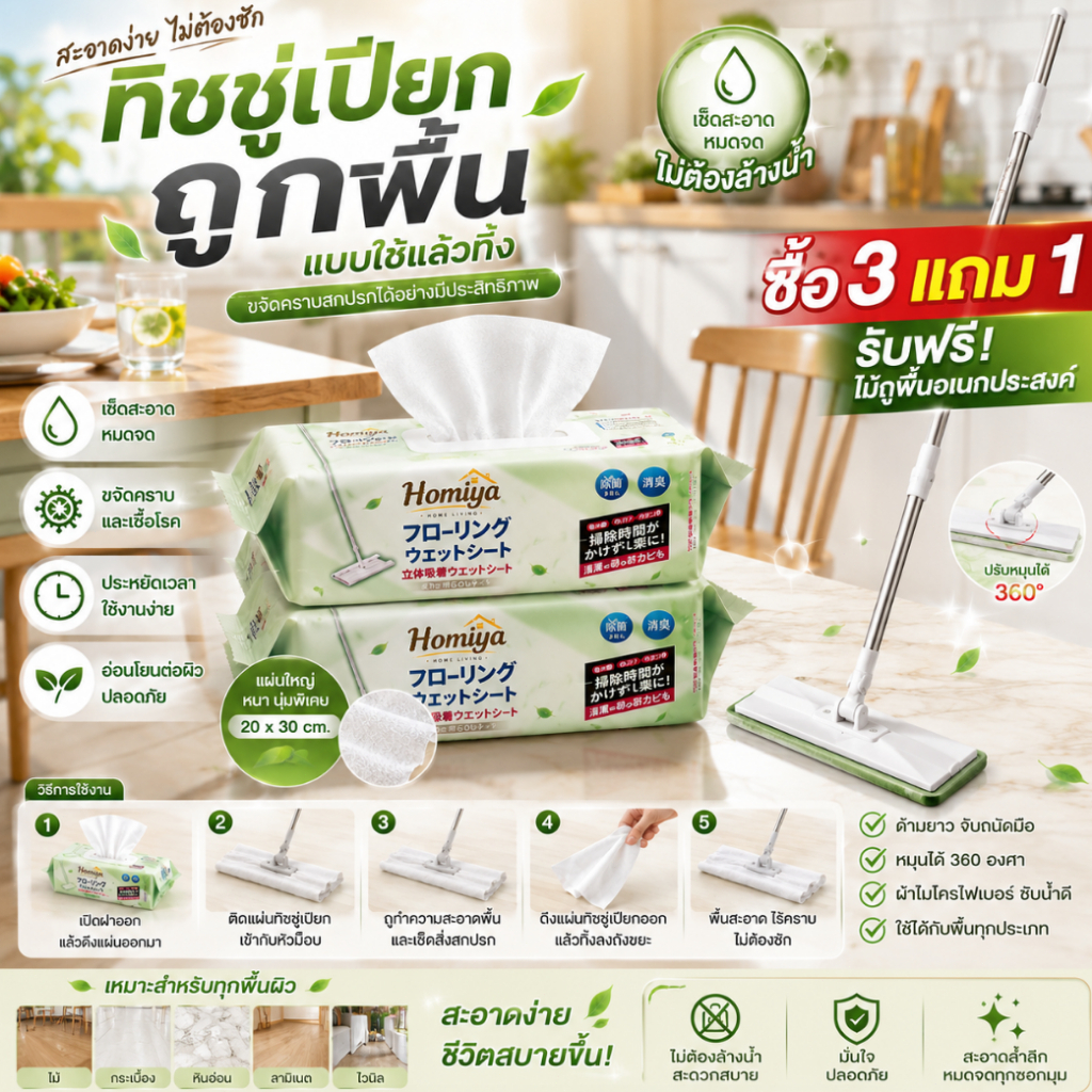 【COD】HOMIYA ผ้าเปียกถูพื้น 3 ห่อ พร้อมไม้ถูพื้น ชุดจากโรงงาน ราคาประหยัด เช็ดฝุ่น คราบ เส้นผม ใช้งานง่าย