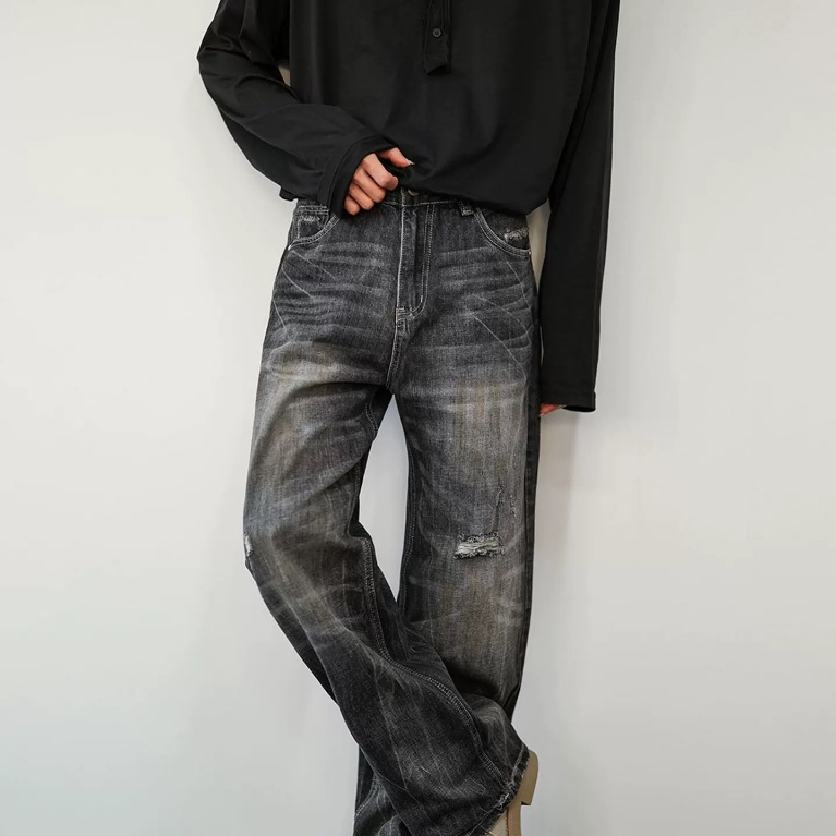 F558 กางเกงยีนส์วินเทจ ทรงหลวม Baggy Jeans สตรีทแวร์ กางเกงยีนส์ฟอก สีเทาดำ