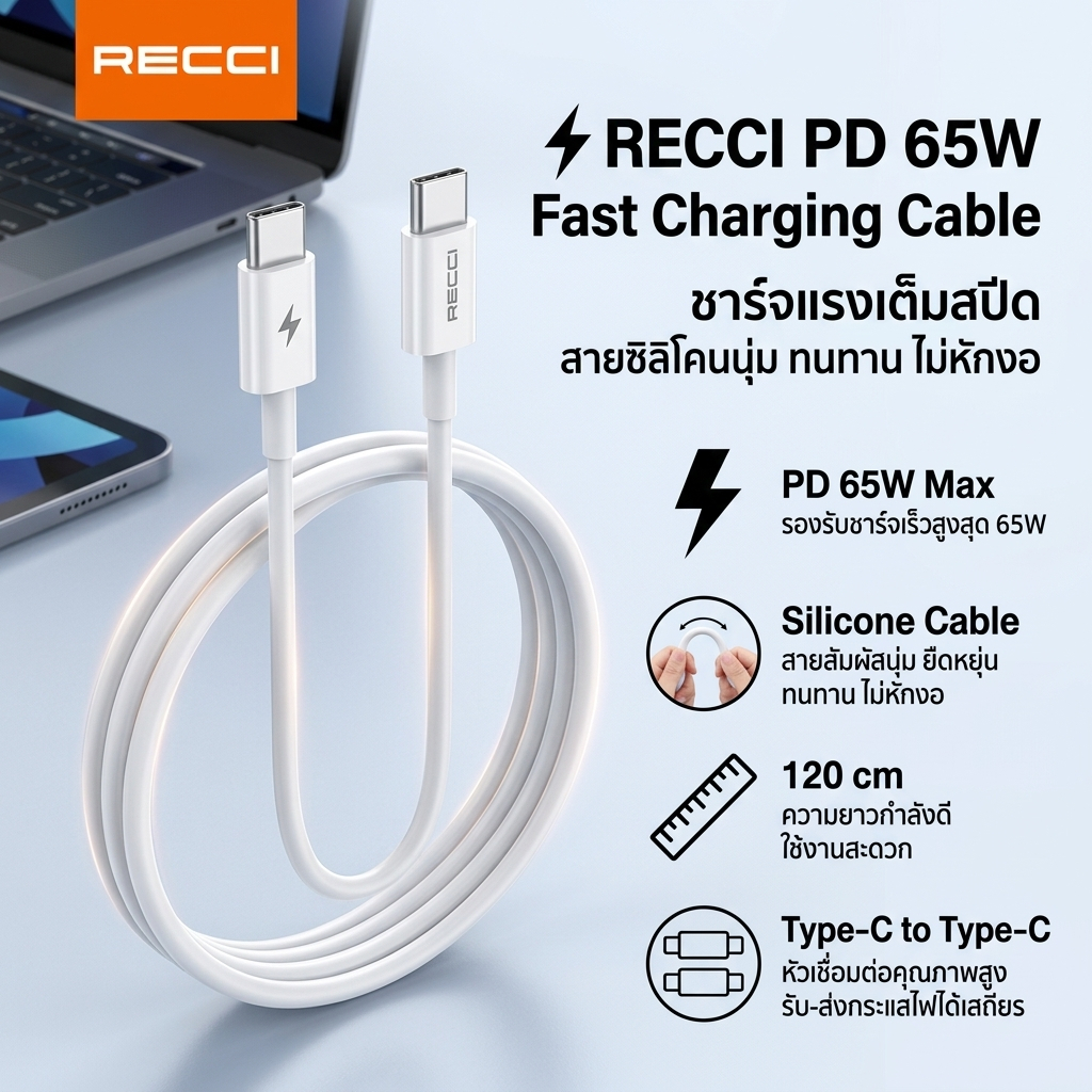 สายชาร์จ Recci Data Cable C to C PD65W / USB A To C