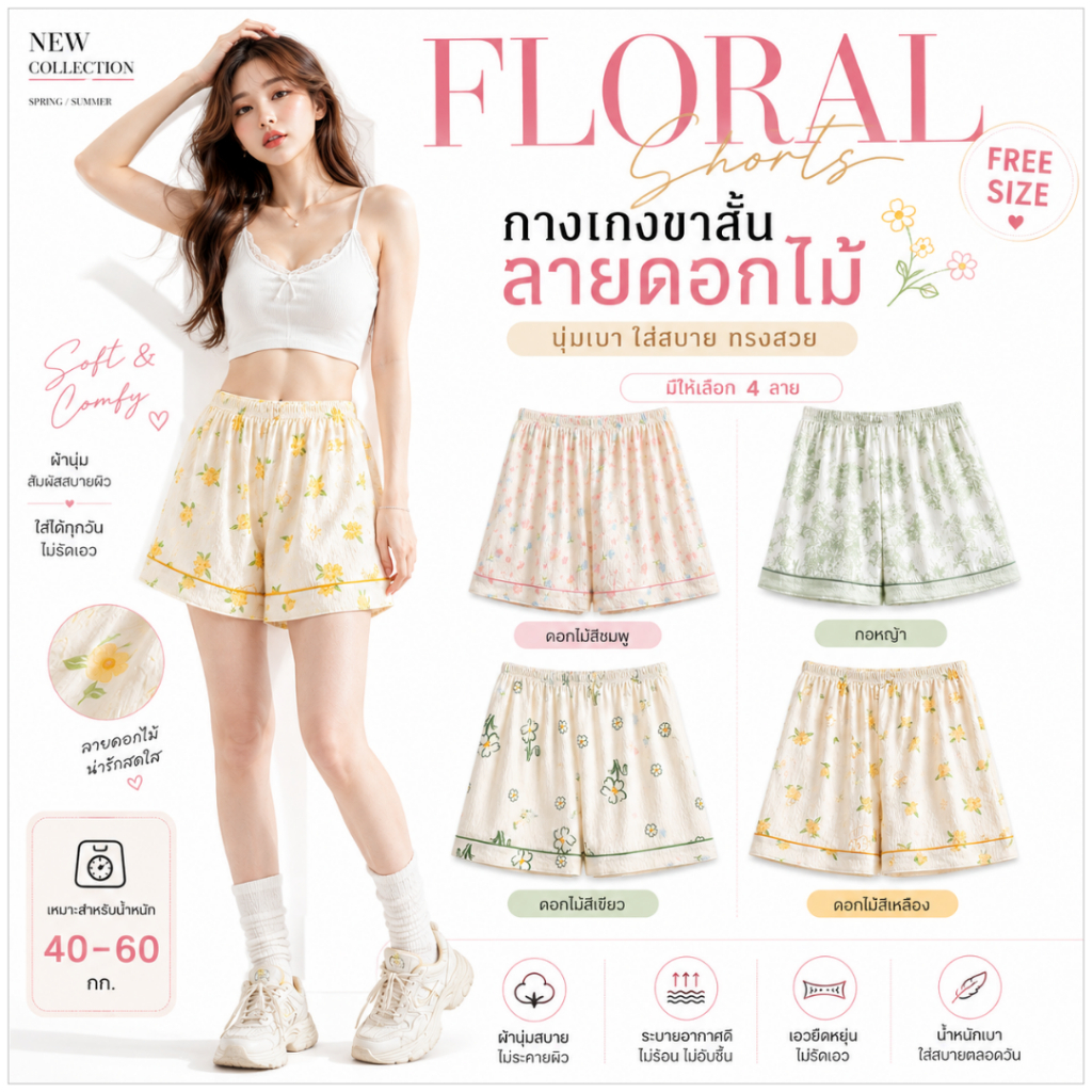 💥TOPLIST💥 (N1014) กางเกงขาสั้นเนื้อผ้านุ่มลายดอกไม้พาสเทล สวมใส่สบาย ไม่ระคายผิว