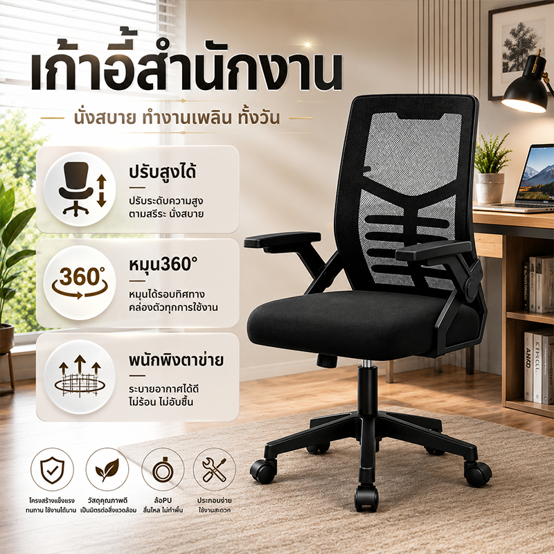 เก้าอี้คอมพิวเตอร์ เก้าอี้สำนักงาน เก้าอี้ทำงาน เก้าอี้อ่านหนังสือ พนักพิงชิ้นเดียว หมุนได้ 360° รองรับสรีระ นั่งสบาย