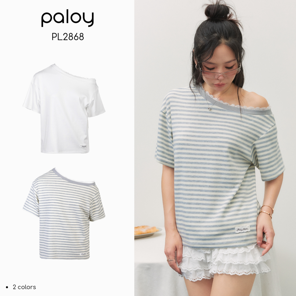 Paloy - PL2868 Emma Top เสื้อปาดไหล่ แต่งลูกไม้ที่ขอบเสื้อ