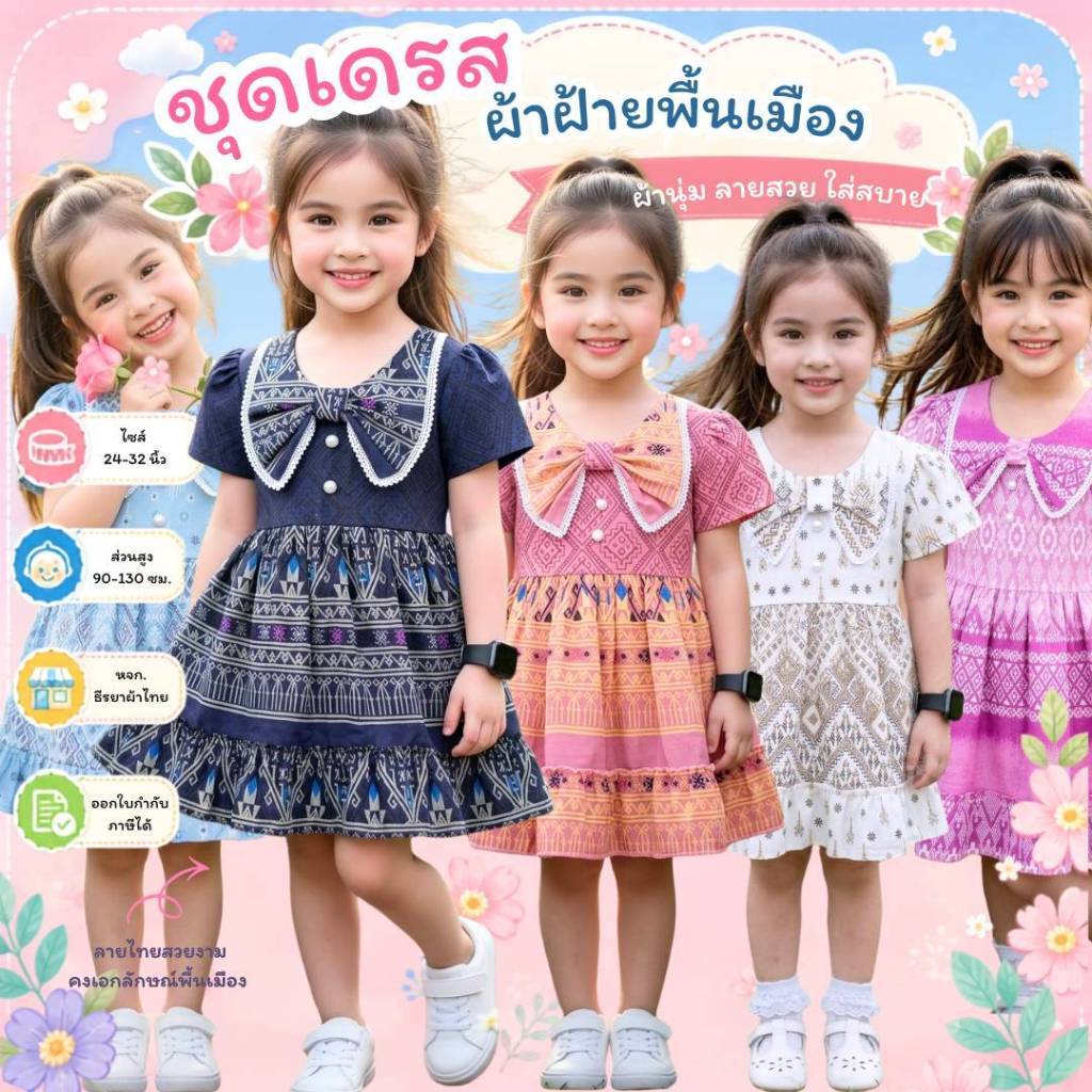 ชุดเดรสผ้าฝ้ายพื้นเมืองเด็ก ลายไทย ทรงเจ้าหญิงสวยๆ เนื้อผ้านุ่ม ใส่สบาย  น่ารัก จากฝีมือชาวบ้านในชุมชน