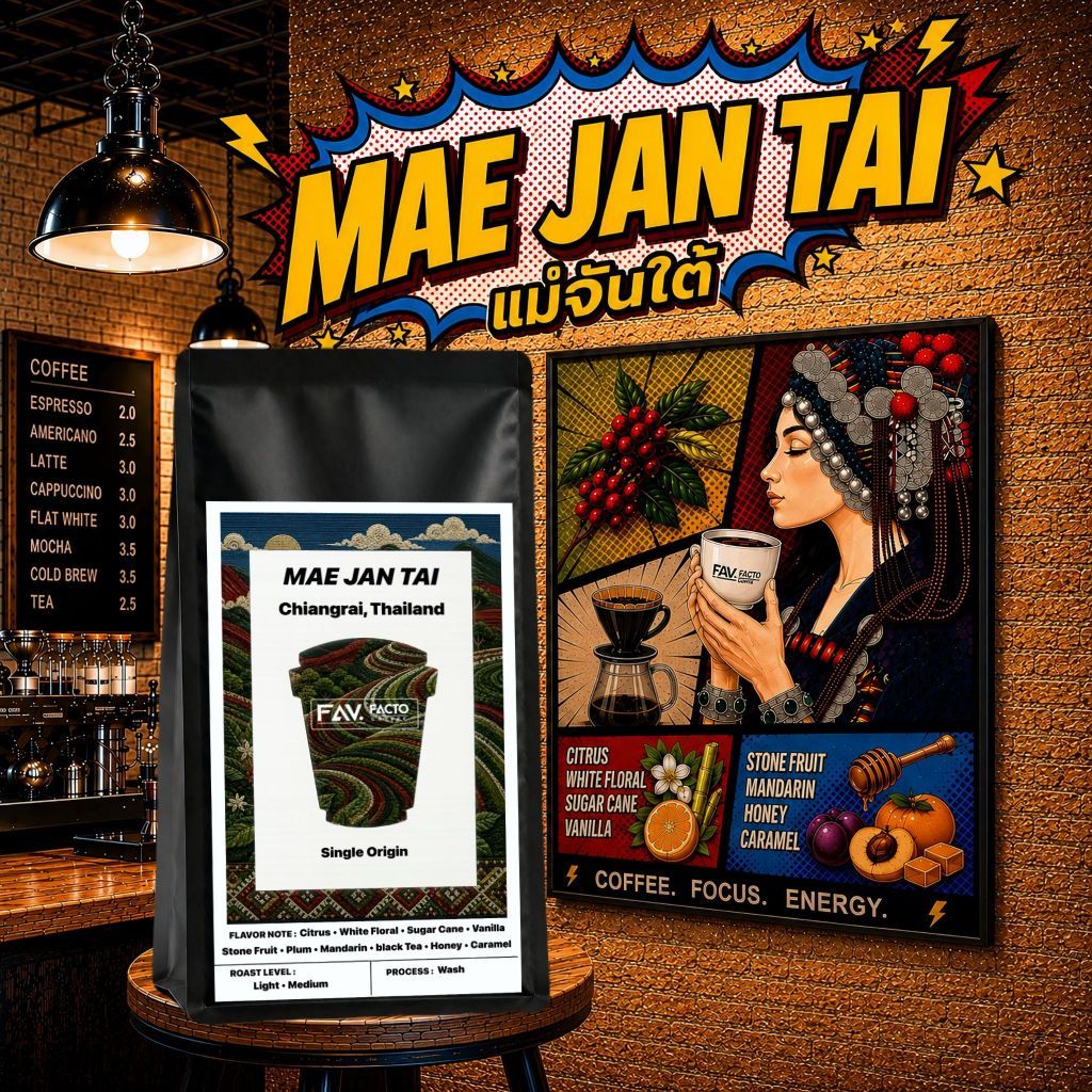 Fav.Facto Coffee เมล็ดกาแฟ (คั่วอ่อน-คั่วกลาง) Mae Jan Tai แม่จันใต้ 100 กรัม