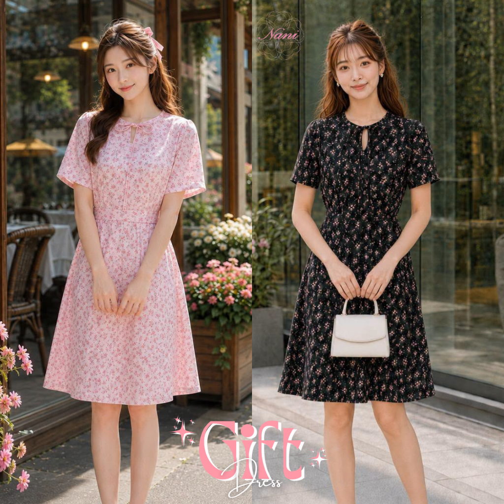 Gift Dress เดรสทำงานไม่ต้องรีด มีกระเป๋า คอกุ้นผูกโบว์สวยๆ ดีไซส์ใหม่คิวท์ กระโปรงทรงA ซับในทั้งชุด
