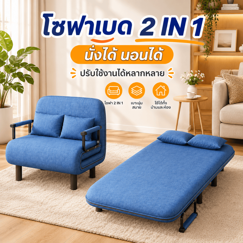 🔥โซฟาเบดพับได้ โซฟาปรับนอน 2in1 ปรับเอน 5 ระดับ ผ้านุ่ม พร้อมหมอน สำหรับห้องนอน ห้องนั่งเล่น คอนโด