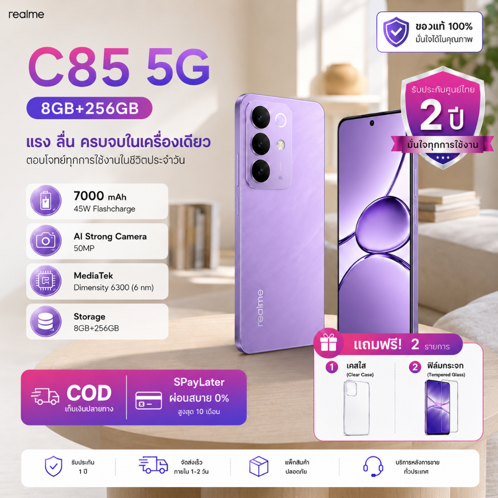 [New]realme C85 [8+128] 5G |กันน้ำกันฝุ่นระดับ IP 69 Pro จอแสดงผลultra bright 1200 nits 144 Hz  แบตเตอรี่ 7,000 mAh