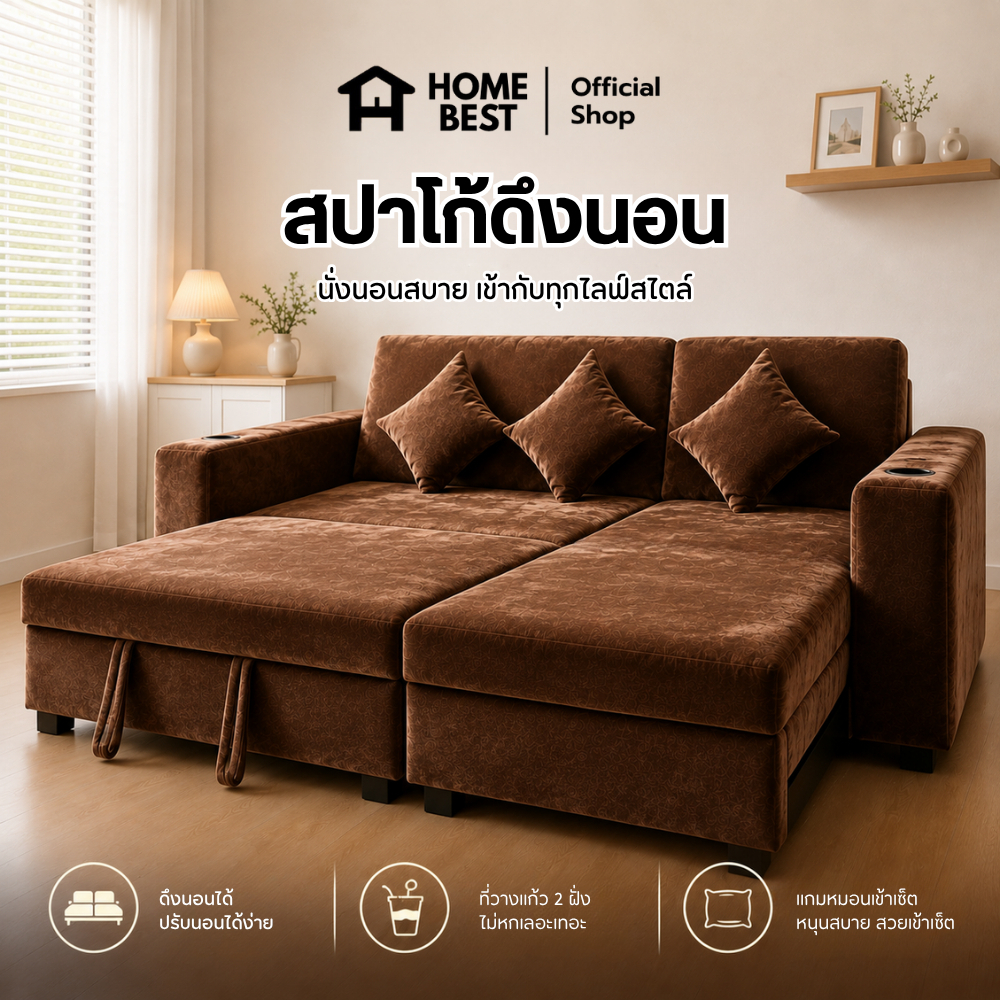 HomeBest โซฟาSPACO 3 ที่นั่ง ขนาด 230 ซม. โซฟาปรับนอน ดึงกางเป็นเตียงได้ มีที่วางแก้ว 2 ฝั่ง แถมหมอน 3 ใบ
