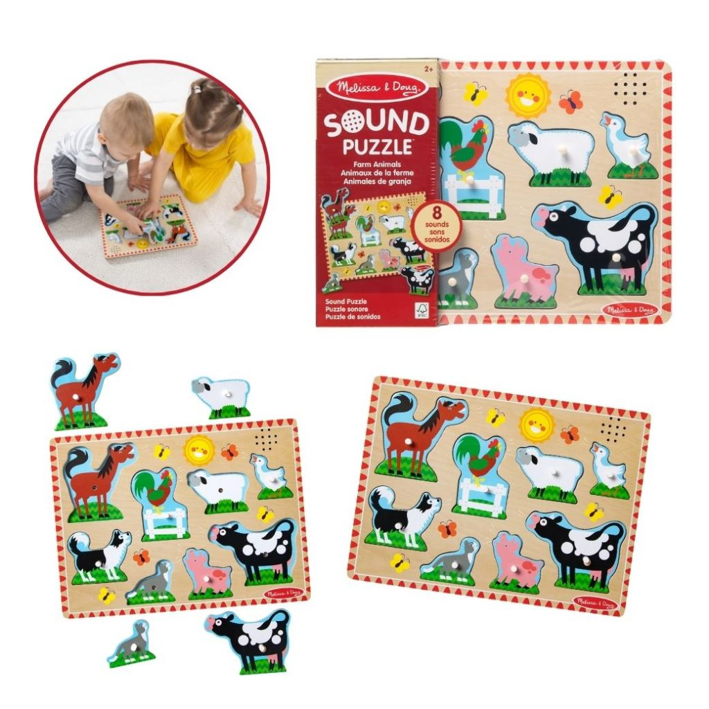 (ของแท้ USA) จิ๊กซอว์ไม้ มีเสียง รุ่นฟาร์ม มีตุ่มจับ สนุก อย่างดี ไม่มียี่ห้อ Sound Puzzle Farm Melissa & Doug ของเล่น — صورة 2