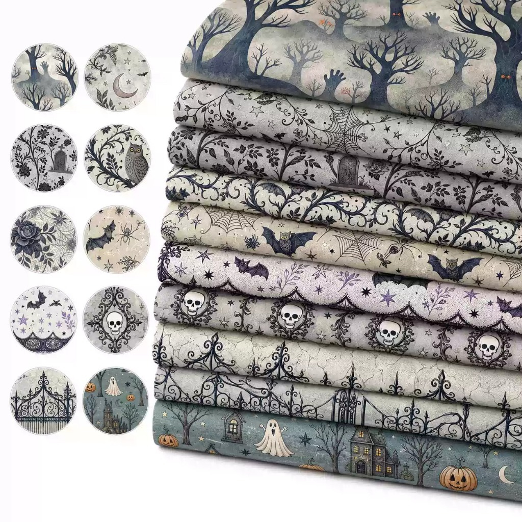 Preorder-ผ้าโพลีผสมคอตตอน(ลายHalloween) พิมพ์ระบบDigital หน้ากว้าง145ซม. Polyester 65%, Cotton 35%