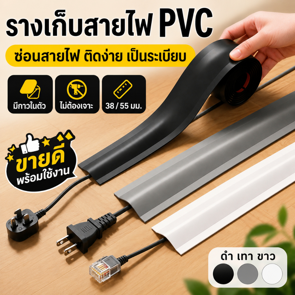 🔌ปลอดภัยและเป็นระเบียบ🔌 รางเก็บสายไฟแบบยืดหยุ่น รางซ่อนสายไฟบนพื้น PVC มีกาวในตัว กันเหยียบ กันสะดุด