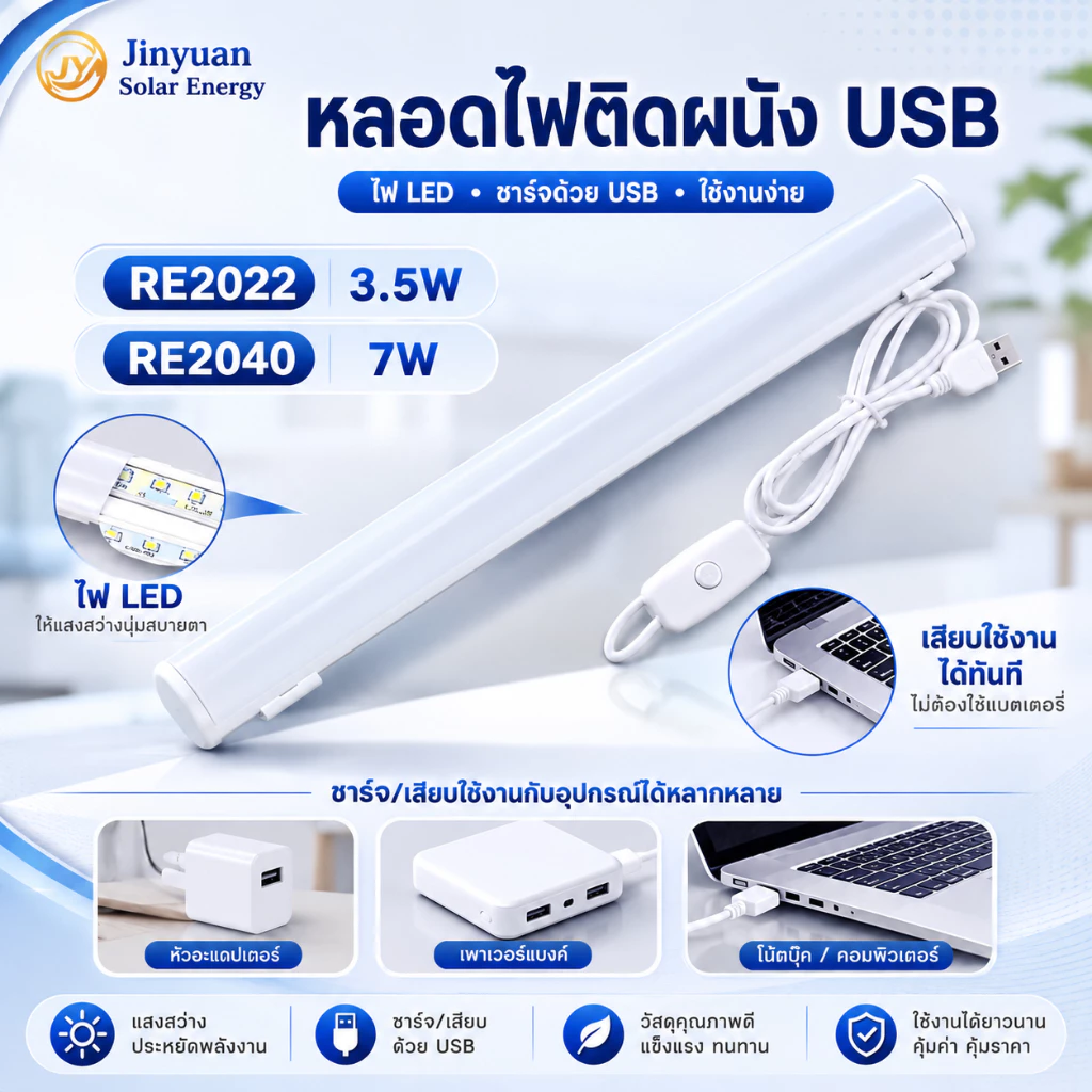 หลอดไฟพกพาLED ติดผนัง สายเสียบUSB ใช้ไฟบ้าน RE2022 3.5W / RE2040 7W แสงไฟสีขาว สายยาว1เมตร30ซม.ไม่มีแบตเตอรี่ thumbnail 3