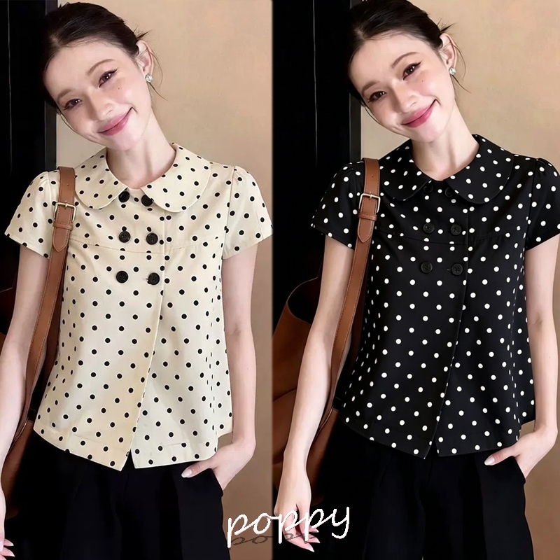PoPpy เสื้อเชิ้ตผู้หญิง แขนสั้น ลายจุด คอปกปีเตอร์แพน กระดุมสองแถว อเนกประสงค์ เหมาะสำหรับฤดูร้อน มีหลายสีให้เลือก#99471