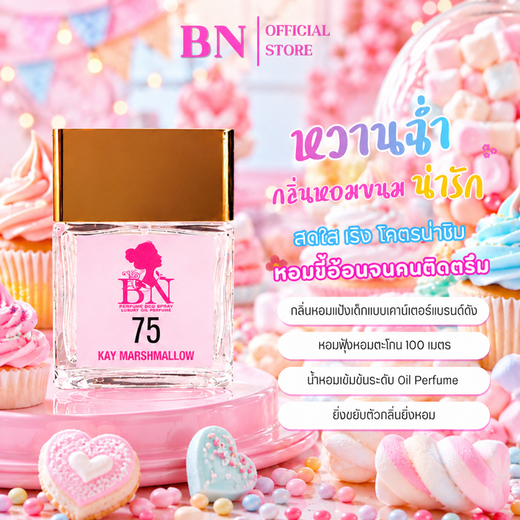 น้ำหอมผู้หญิง BN [ 75 เคย์มาร์ชเมลโล่ ] หอมหวานขนมมาร์ชเมลโล่น่ารัก สดใส อ้อนเก่ง ออยเพอฟูมติดทนนาน 