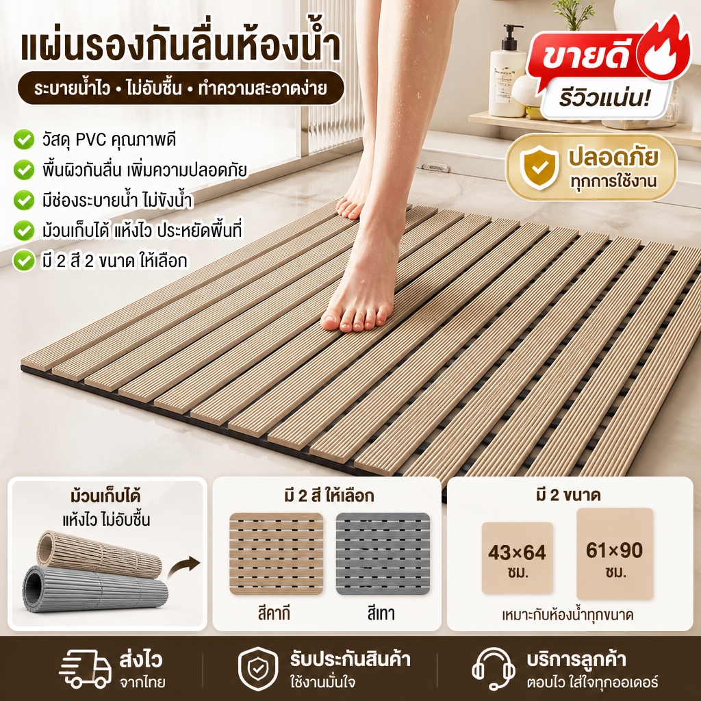 เสื่อกันลื่อห้องน้ำ PVC แผ่นรองพื้นห้องอาบน้ำ มีรูระบายน้ำ หลายขนาดหลายสี