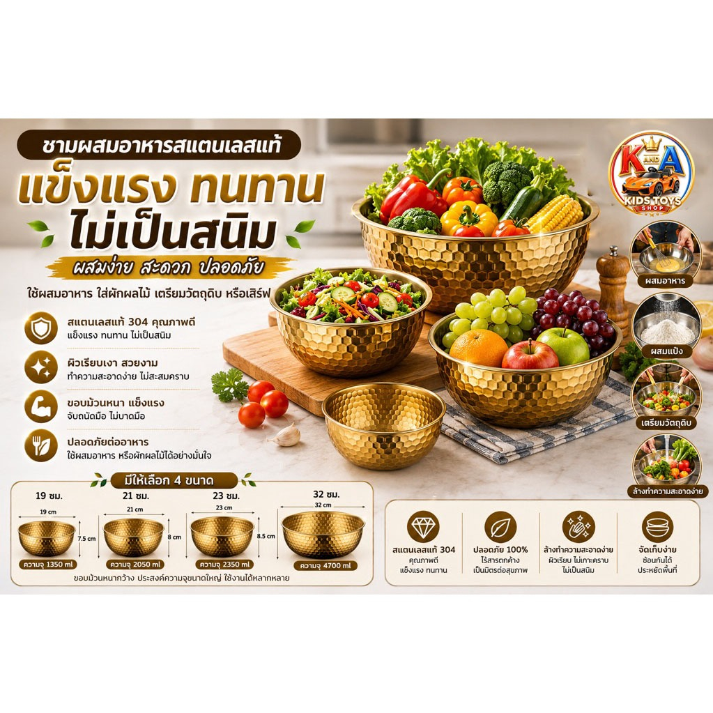 k.a.toys  ชามสแตนเลส ลายรังผึ้ง สีทอง NF776-778