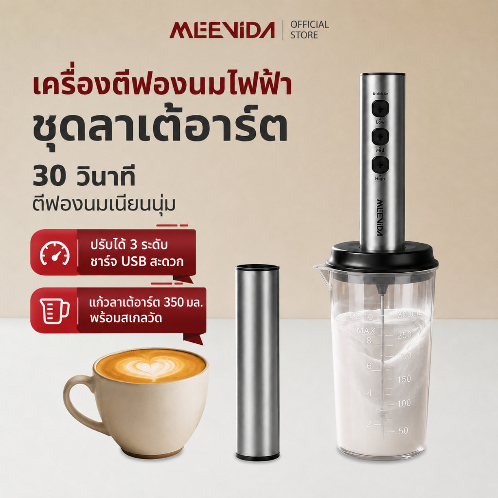 MEEVIDA เครื่องตีฟองนมไฟฟ้า ที่ตีฟองนมไร้สาย 3 ระดับ ชาร์จ USB Milk Frother พร้อมแก้วลาเต้อาร์ต 350ml ตีไข่ ตีครีม