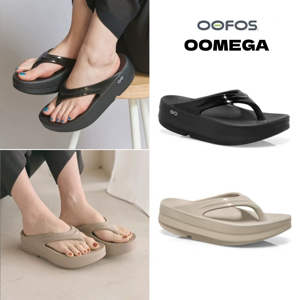 🎊ของแท้ 100%🎇OOFOS Oomega รองเท้าเพื่อการฟื้นฟู-รองเท้าสูงด้านล่างหนา รองเท้าแตะแบบสบายๆ Black/Khaki