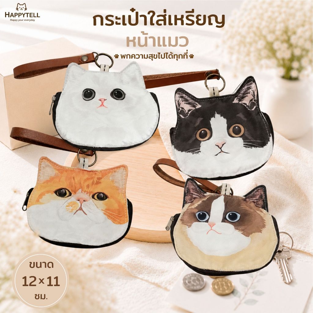 Happy Tell กระเป๋าใส่เหรียญ บัตรและของจุกจิก ผ้าโพลีเอสเตอร์พิมพ์ลายหน้าน้องแมวสุดน่ารัก set 2