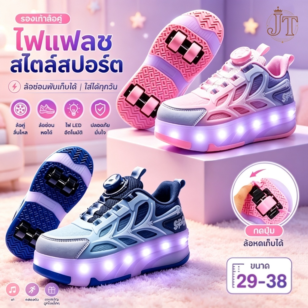 รองเท้าล้อลากเด็ก 4 ล้อ มีไฟ LED รองเท้าสเก็ตแฟชั่น ระบบ BOA หมุนปรับง่าย สำหรับเด็กผู้ชายและผู้หญิง ไซซ์ 30-36