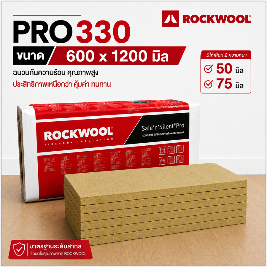 Rockwool ฉนวนกันเสียง กันความร้อน กันไฟ ร็อควูล Pro330 ฉนวนใยหิน ขนาด 600x1200 mm หนา 50-75mm