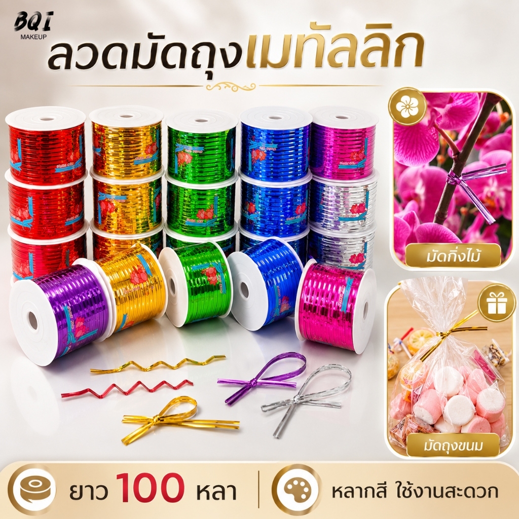 ริบบิ้นลวดเมทัลลิค 100 หลา ลวดมัดปากถุง สำหรับแพ็คขนม ของขวัญ ดอกไม้ ใช้งานง่าย