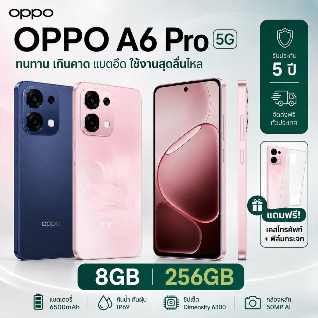 OPPO A6 Pro 5G 8GB+256GB | แบตเตอรี่ 6500mAh | หน้าจอ 6.57” AMOLED 120Hz