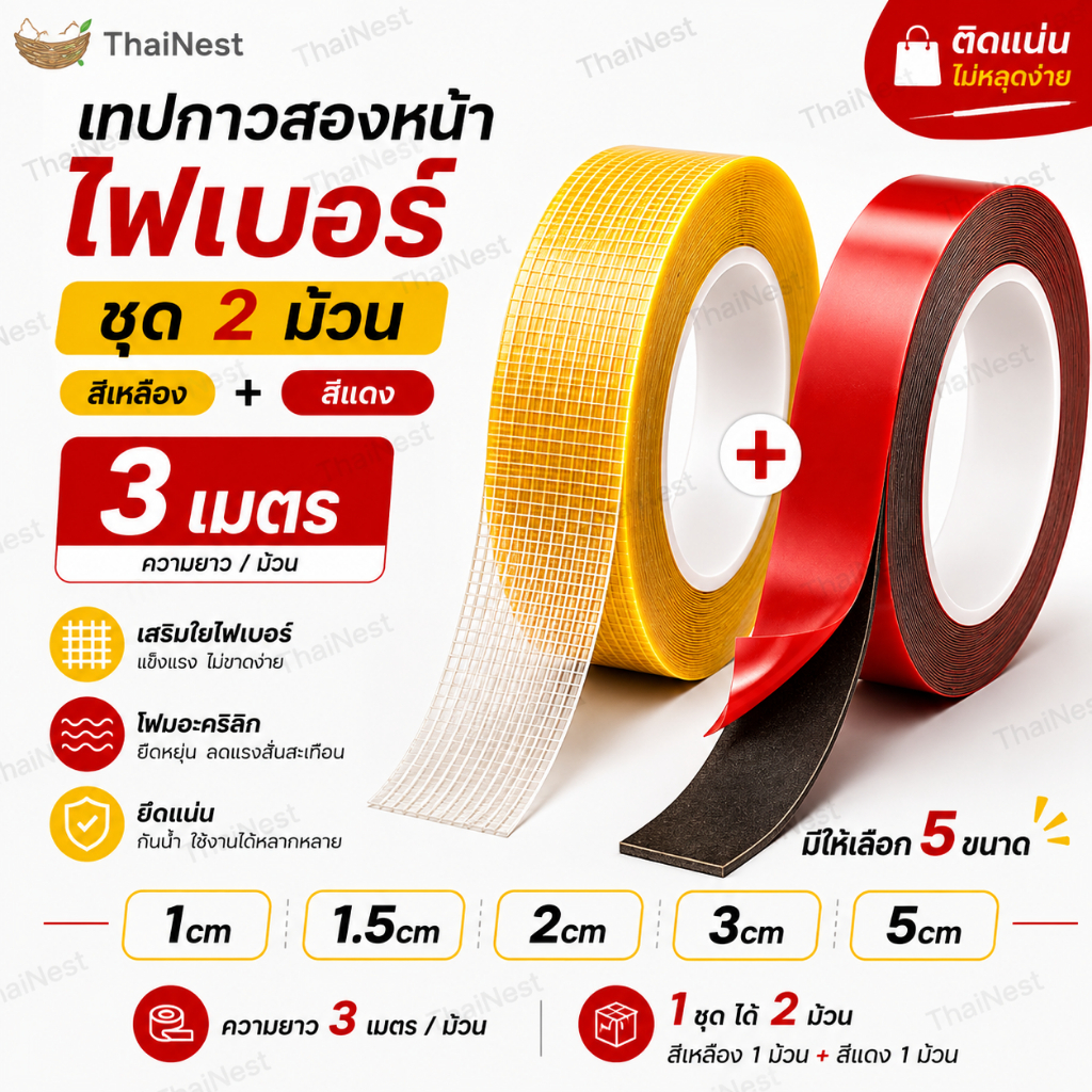 เทปกาวสองหน้า 2 ม้วน เทปไฟเบอร์ + เทปโฟมอะคริลิค แรงยึดติดสูง เหนียวแน่น กันน้ำ ยาว3เมตร สำหรับติดของ งานบ้าน รถยนต์ DIY