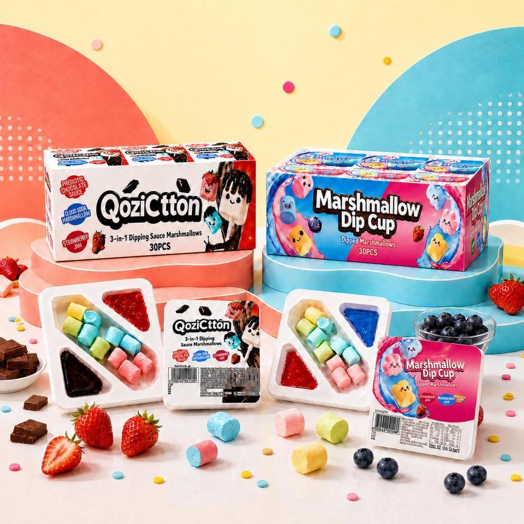 มาชเมลโล่ฟองดูว์ จิ้มแยม ช็อกโกแลต+สตรอว์ และ บลูเบอร์รี่+สตรอว์ 1 กล่อง 30 ชิ้น ช็อกโก้ ฟองดูว์