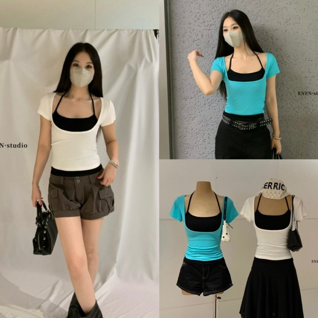 Set2pcs เสื้อคอยูแขนสั้น+เสื้อผูกคอ - 10860 TAG WG.WE 🇰🇷