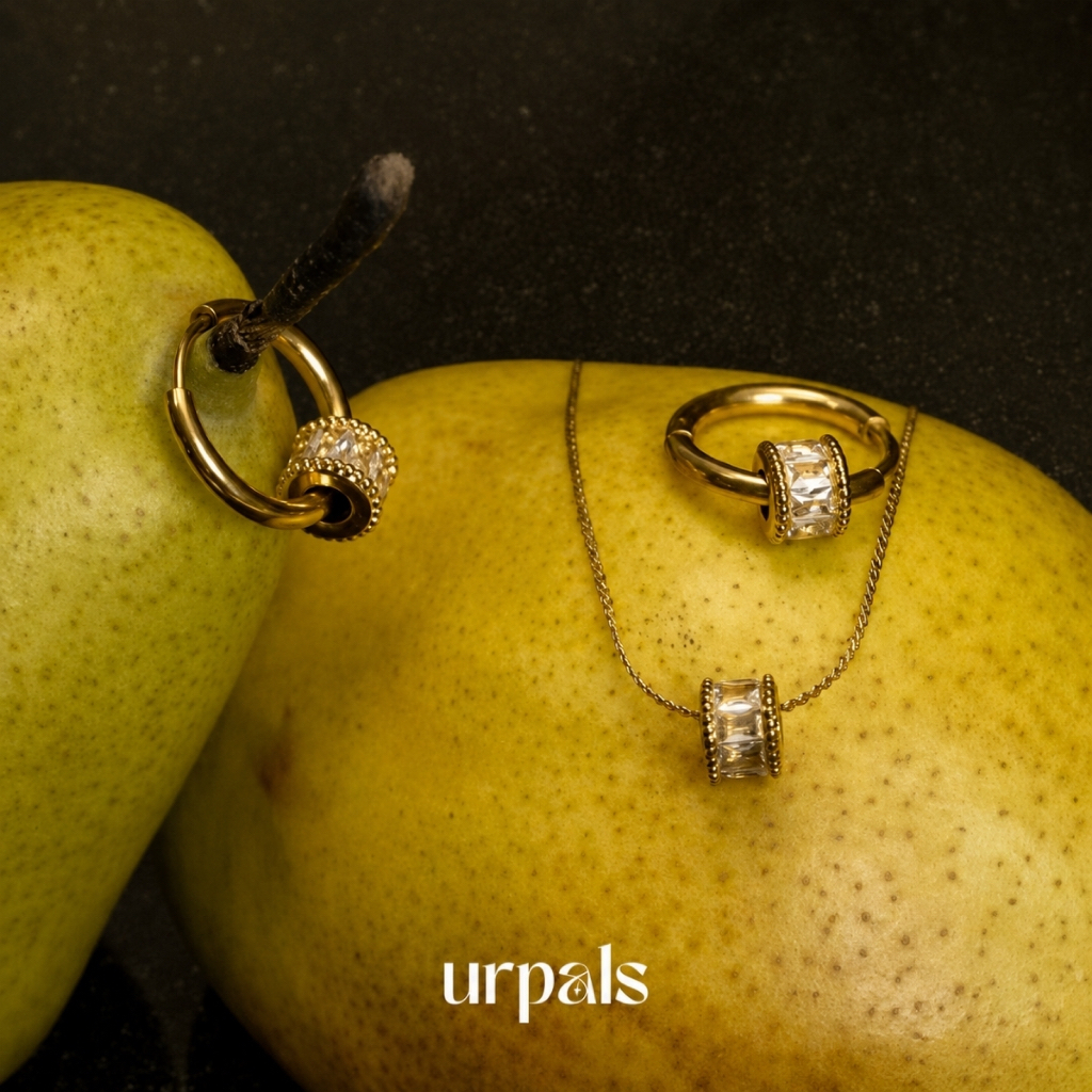 URPALS ต่างหูห่วง - สร้อยคอ Stainless ชุบทอง18K ฝังเพชร CZ คุณภาพสูง ใส่อาบน้ำ ออกกำลังกายได้
