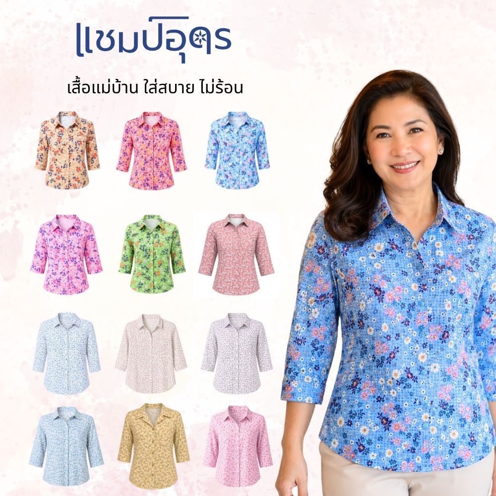 569-571, 591-600 เสื้อแม่บ้านผ้าชีฟอง สำหรับผู้สูงอายุ อก 40-52 นิ้ว ใส่สบาย ไม่ร้อน ไม่ต้องรีด ดีไซน์ลายดอกไม้ คอปก แขน
