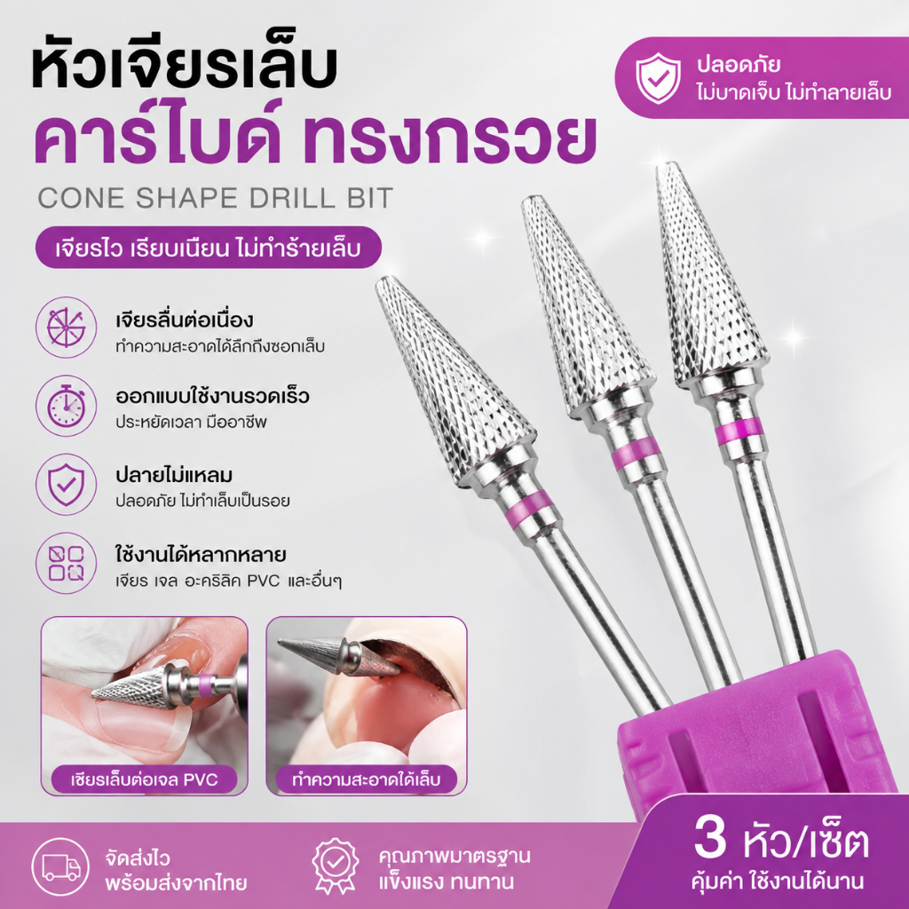 หัวเงียบคราบไมด์ ทรงแหลม (Pointed Shape) สีเงิน เกรดพรีเมียม สำหรับเงียบคอนเล็บ ถอดเล็บต่อ เงียบได้เล็บ