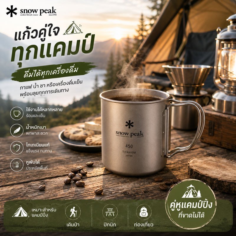 Snow Peak Titanium Cup 450ml แก้วแคมป์ปิ้ง แก้วกาแฟกลางแจ้ง แก้วไทเทเนียม สำหรับกางเต็นท์ เดินป่า ปิ