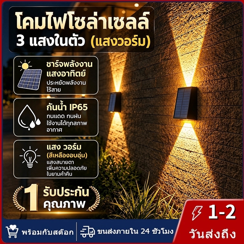 【การจัดส่งไทย】ใช้พลังงานแสงอาทิตย์ ติดผนัง โคมไฟ กันน้ำ ไฟส่องสว่าง 2 ทิศทาง สว่างมาก ไฟประดับ