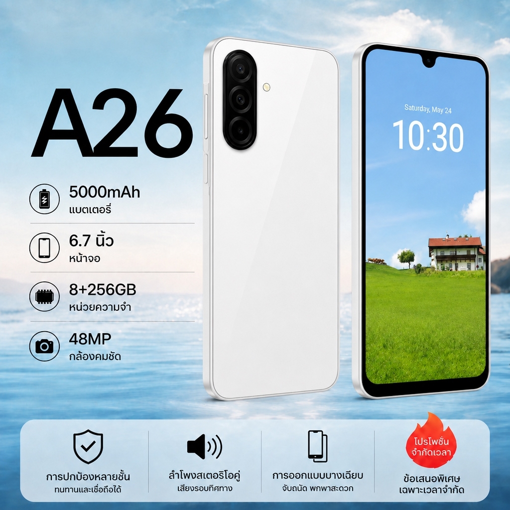 มือถือ A26 RAM 8GB ROM 256GB แถมฟรีเคส+ฟิล์มกันรอย สั่งซื้อรับประกันเพิ่มอีก 1 ปี