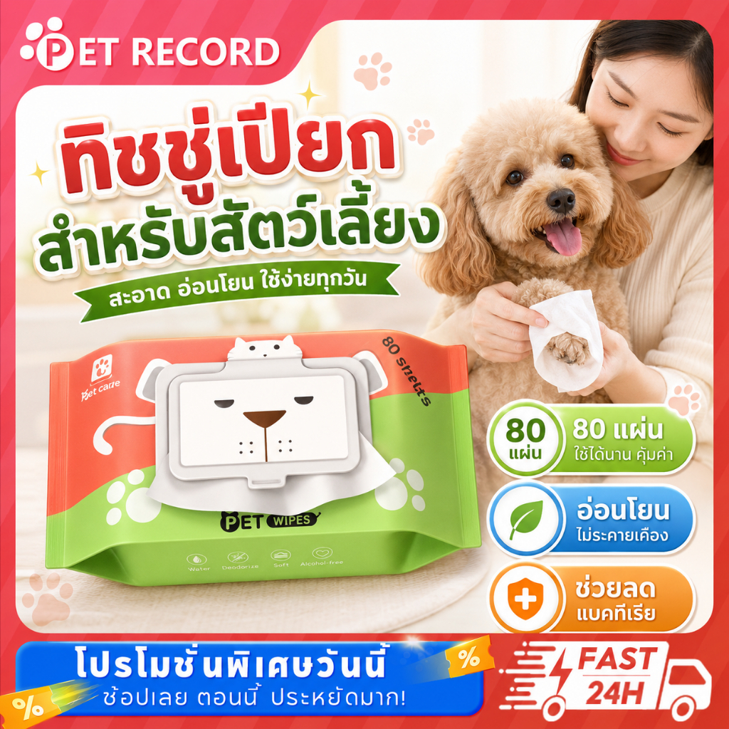 ทิชชู่เปียก 80 แผ่น แผ่นเช็ดแมว ทิชชู่หมา Pet wipes ทิชชู่เปียกสัตว์เลี้ยง สำหรับเช็ดสัตว์เลี้ยง