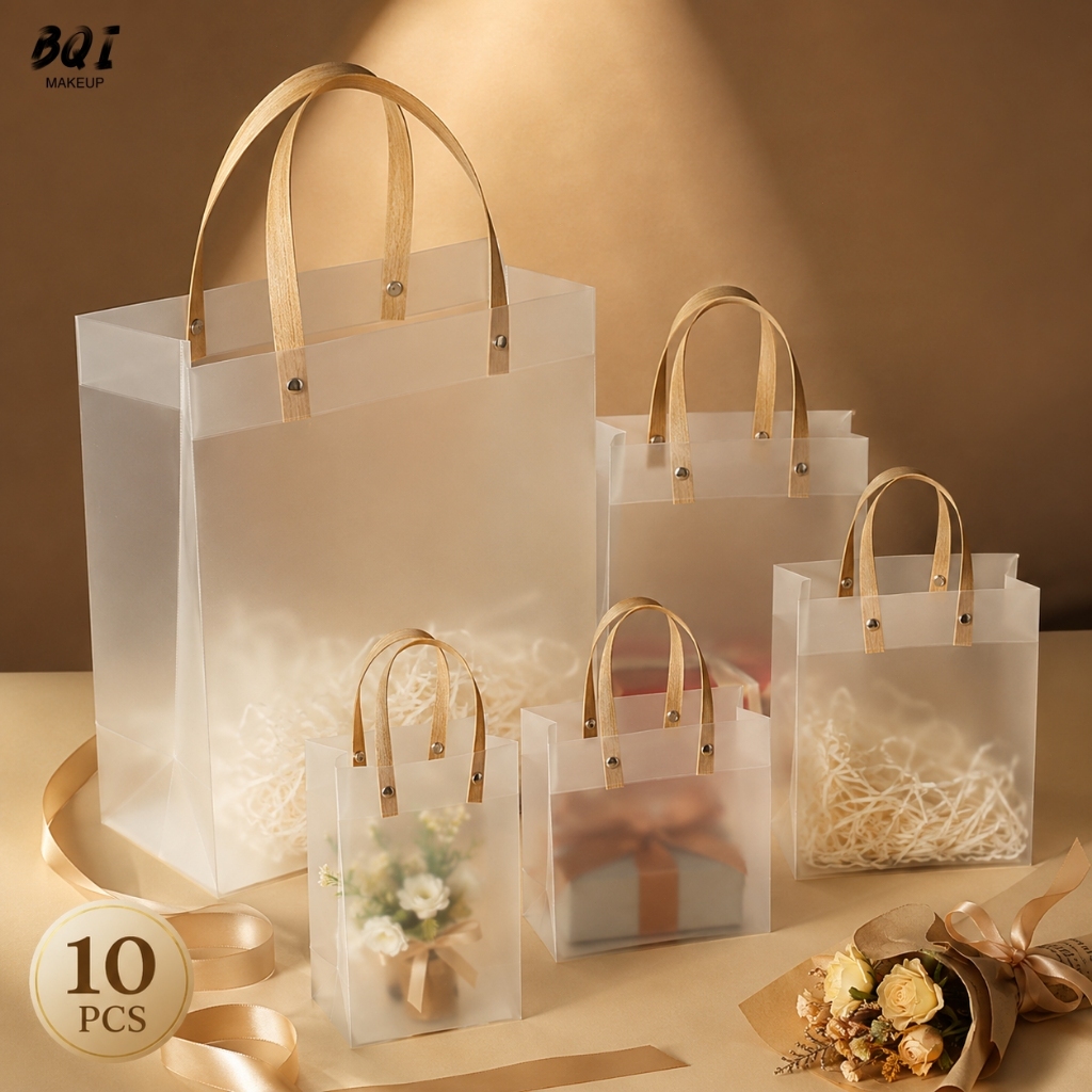 ถุงของชำร่วย PVC 10 ใบ ถุงใสหูหิ้วแบบขุ่น หูจับลายไม้ สำหรับงานแต่ง ของขวัญ ของฝาก