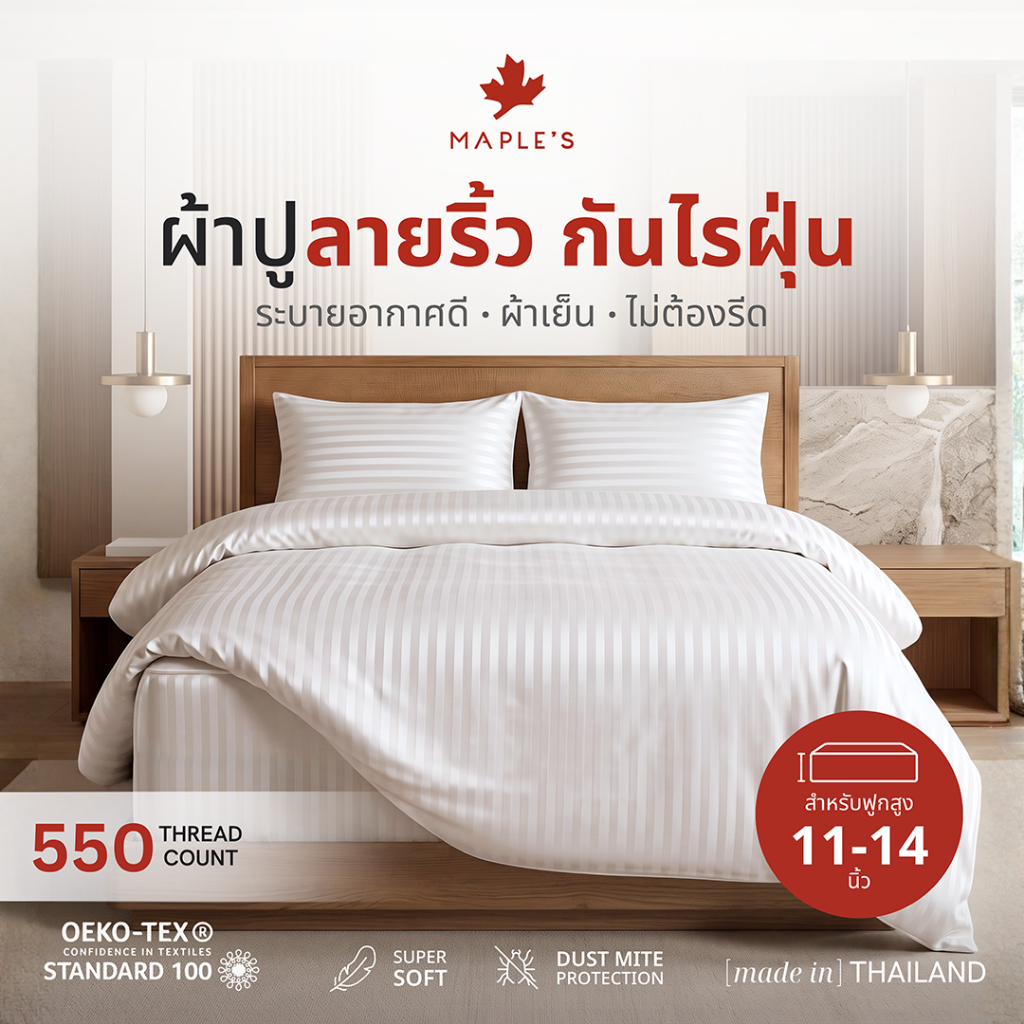 MAPLE'S ผ้าปูรัดมุม รุ่นลายริ้ว 550เส้น กันไรฝุ่น 11-14นิ้ว 5ฟุต 6ฟุต ผ้าปูกันฝุ่น striped bedsheet