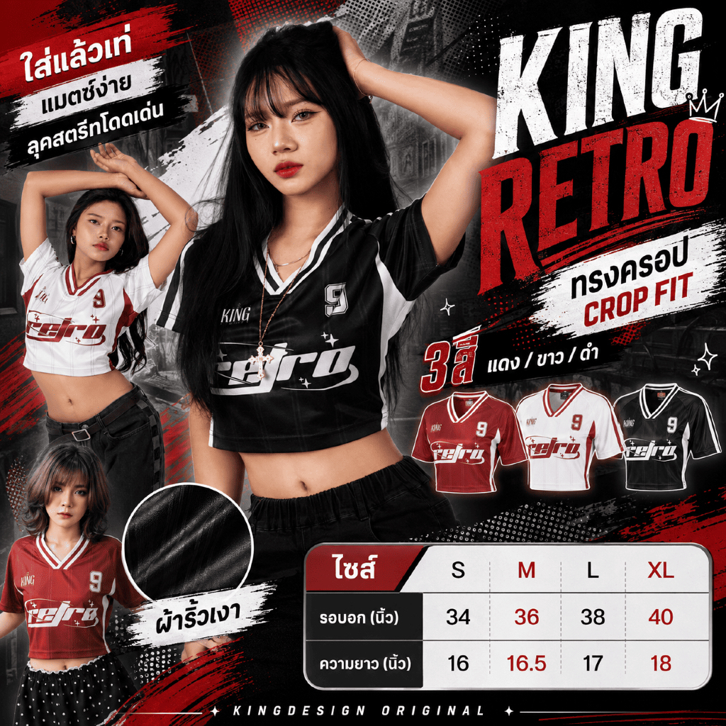 King Design - (รุ่น Retro ครอป) เสื้อครอป เสื้อกีฬา เสื้อคอปก เสื้อสกรีนพิมพ์ลาย เสื้อยืด ใส่ได้ทั้งผู้หญิงและชาย