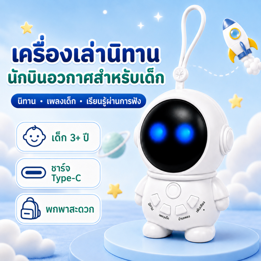 ส่งจากไทย ของเล่นเด็ก เครื่องเล่านิทาน ลุคนักบินอวกาศ นิทานไทย /เพลงไทย ชาร์จ Type-C baby toys