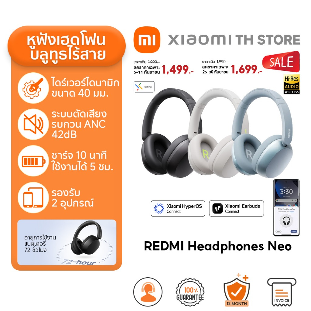 Xiaomi REDMI Headphones Neo หูฟังบลูทูธ I แบตเตอรี่ใช้งานได้นานสูงสุด 72 ชั่วโมง | ลดเสียงรบกวน AI I แถบคาดศีรษะปรับได้